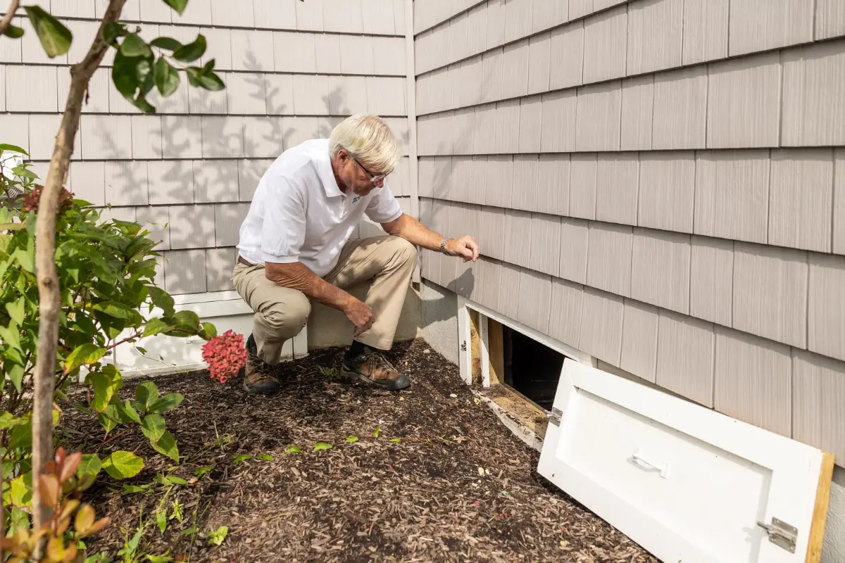A person inspecting the base of a house wall